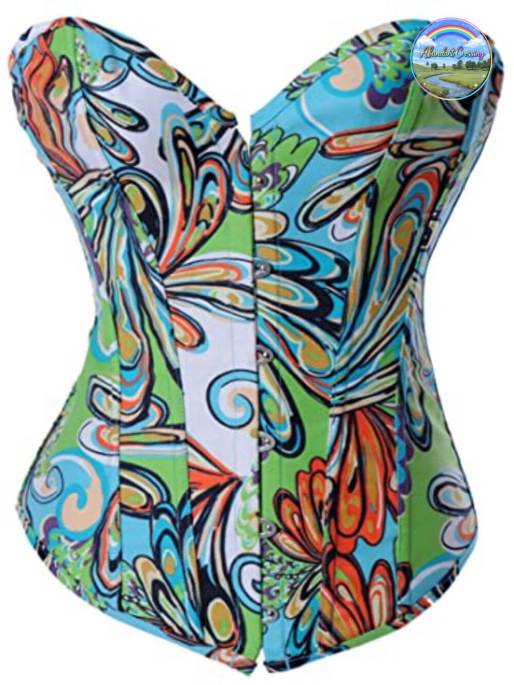 Vintage Floral Overbust Corset Bustier Top with G-String Steel Boned Waist